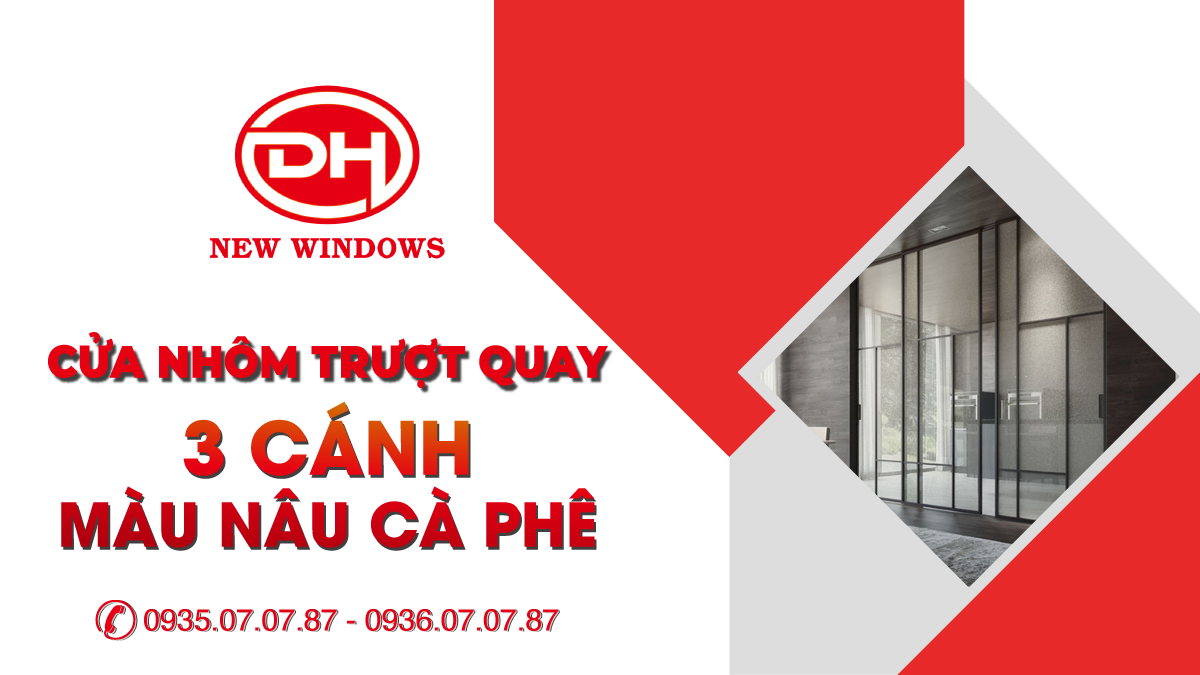 cửa nhôm trượt quay 3 cánh màu nâu cà phê