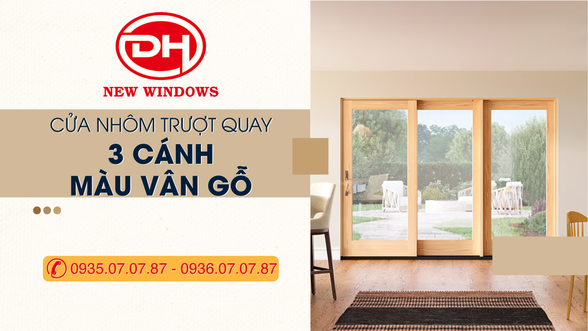 cửa trượt nhôm quay 3 cánh màu vân gỗ