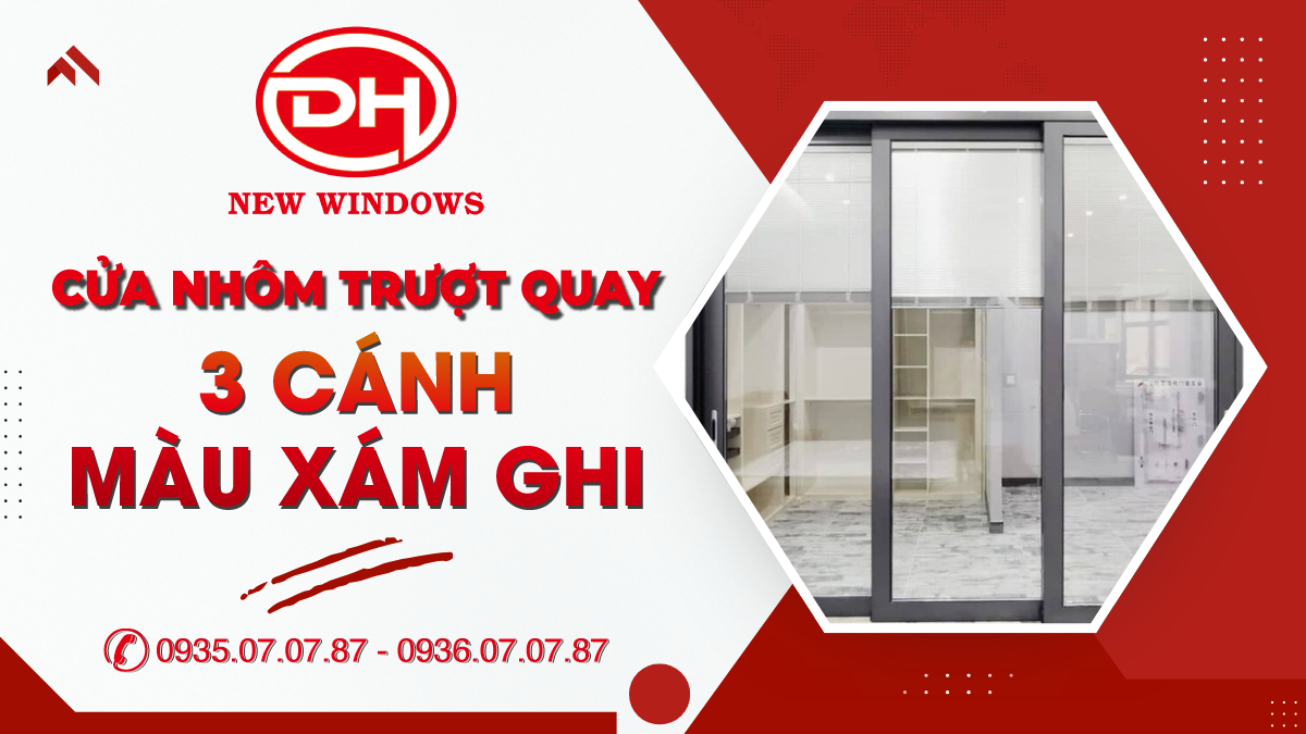 cửa nhôm trượt quay 3 cánh màu xám ghi