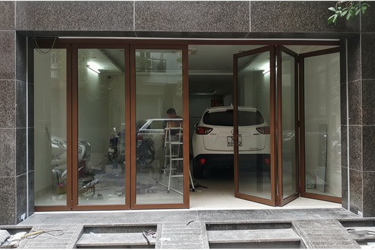 cửa nhôm trượt quay 6 cánh màu nâu cà phê 2