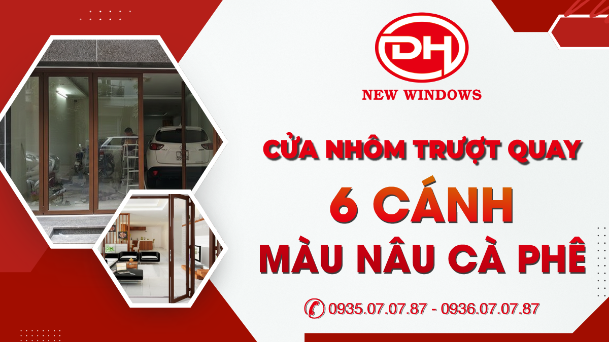 cửa nhôm trượt quay 6 cánh màu nâu cà phê
