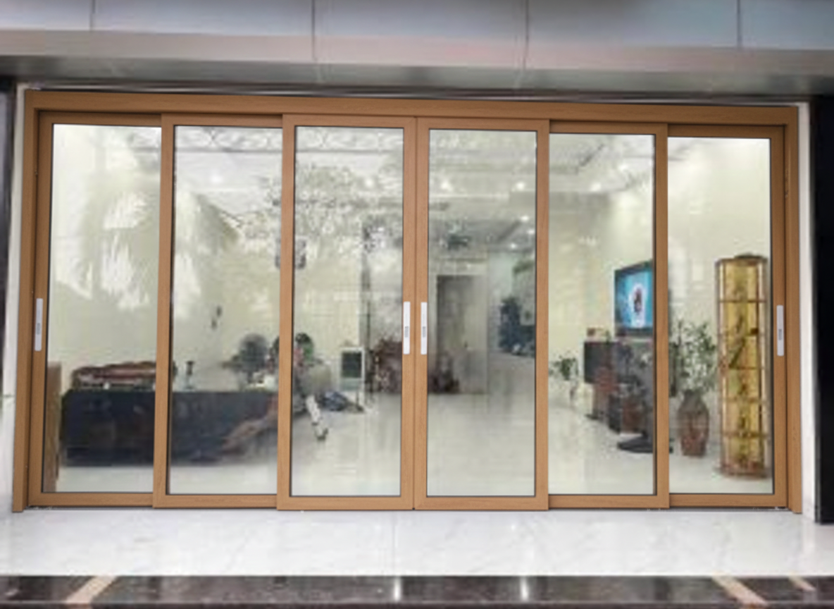 cửa nhôm trượt quay 6 cánh màu vân gỗ 4