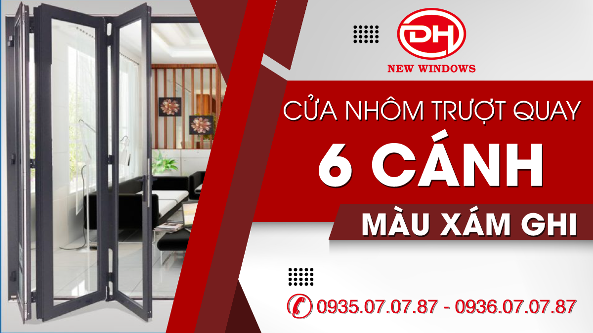 cửa nhôm trượt quay 6 cánh màu xám ghi