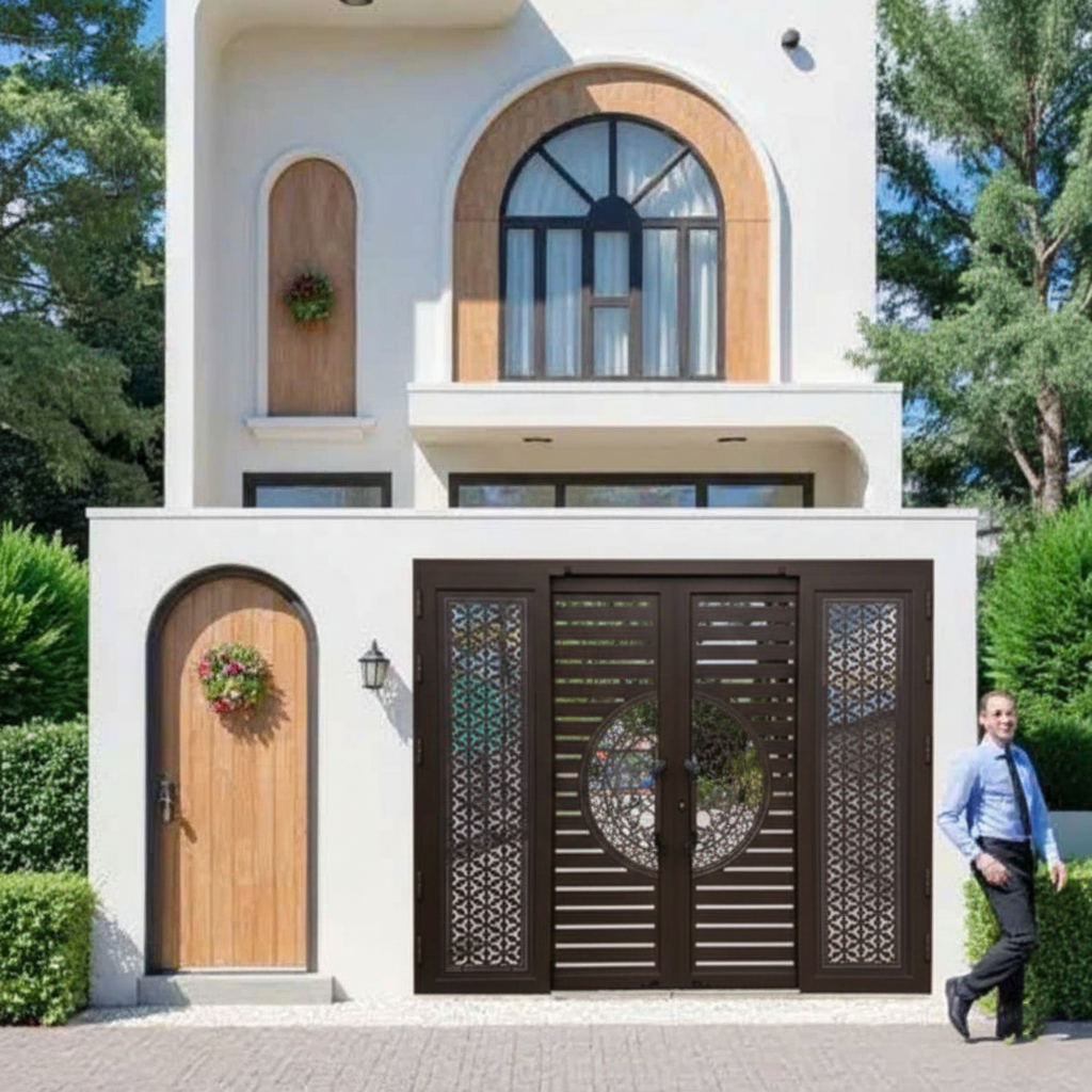cửa cổng nhôm trượt quay Hoàng Gia hệ nẹp rời 8.0 màu cà phê 3